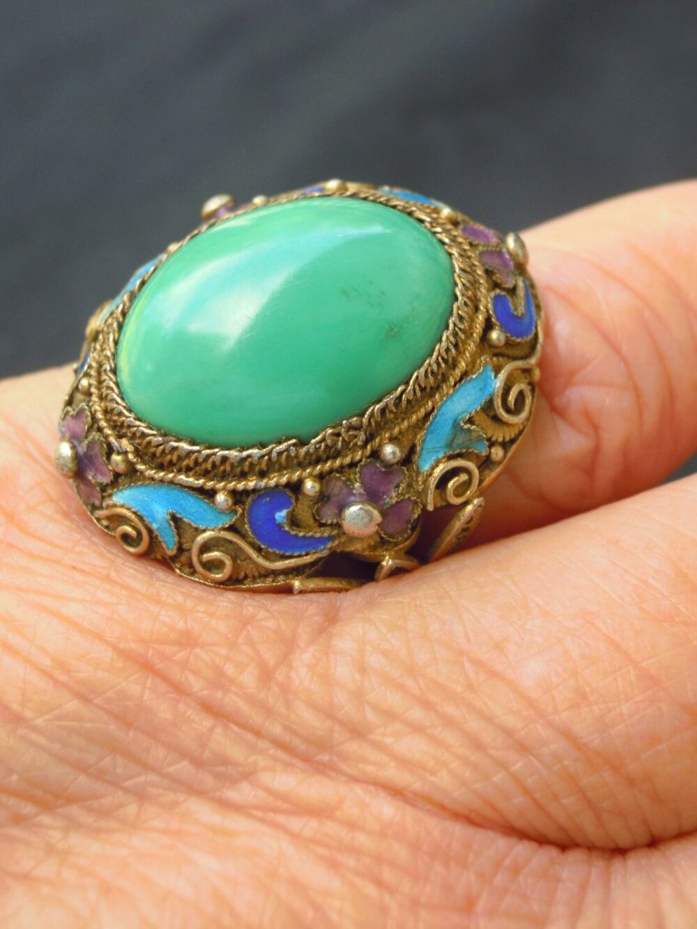 Vintage Chinese Export Enamel Cloisonne Silver Gold Ring Turquoise Filigree